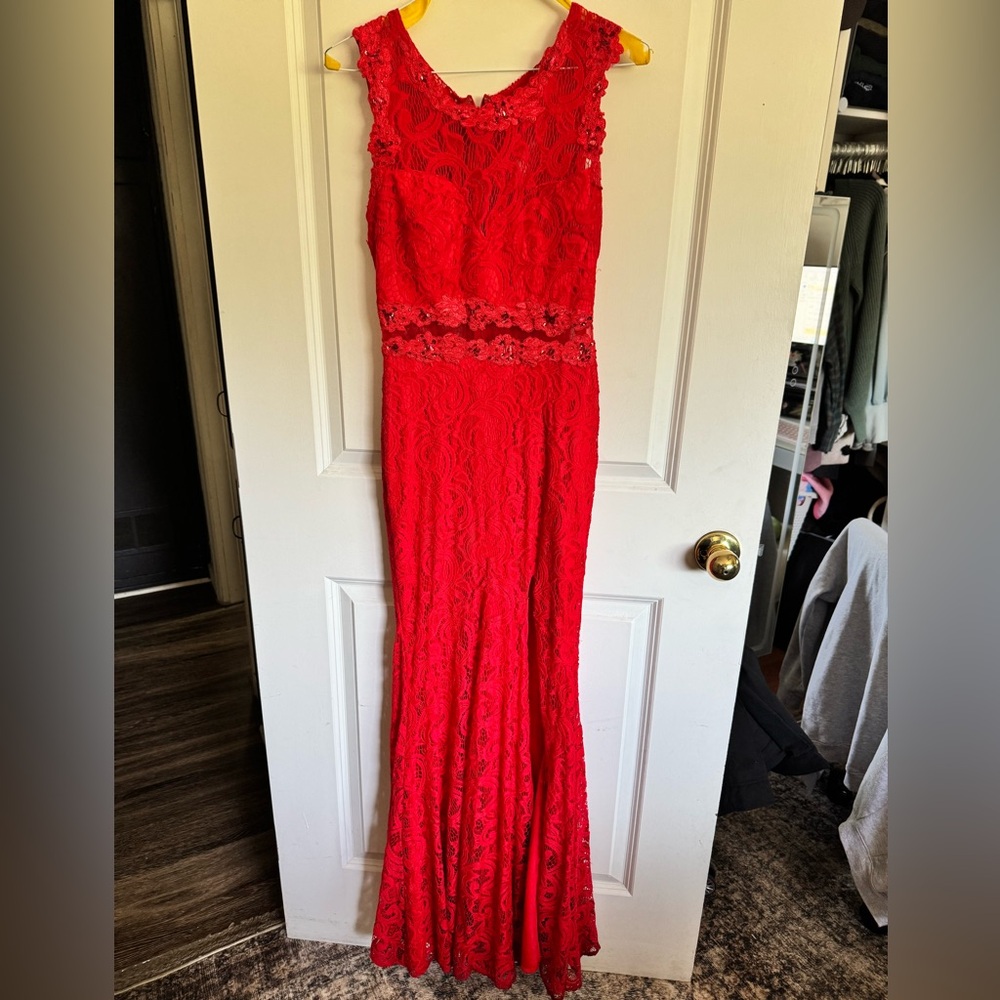 Elegant Red Lace Maxi Dress w/ Thigh Slit